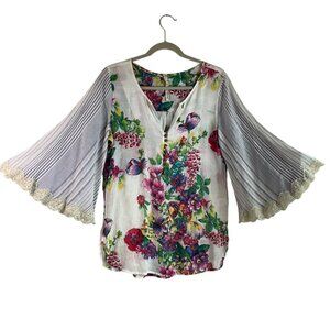 Aratta Silent Journey Small Floral Tunic Top Striped Lace Bell Sleeves Cotton*Re